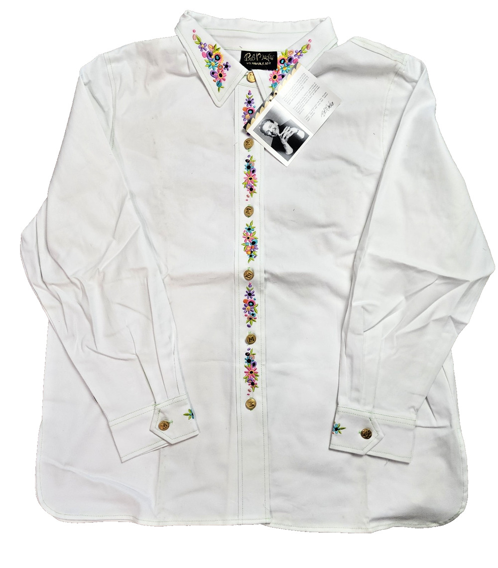 Bob Mackie Embroidered Top/Coat Women XL Maypole Flowers White Gold Buttons
